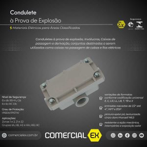 condulete à prova de explosão, contendo informações técnicas do produto, ideal para áreas classificadas com atmosferas explosivas